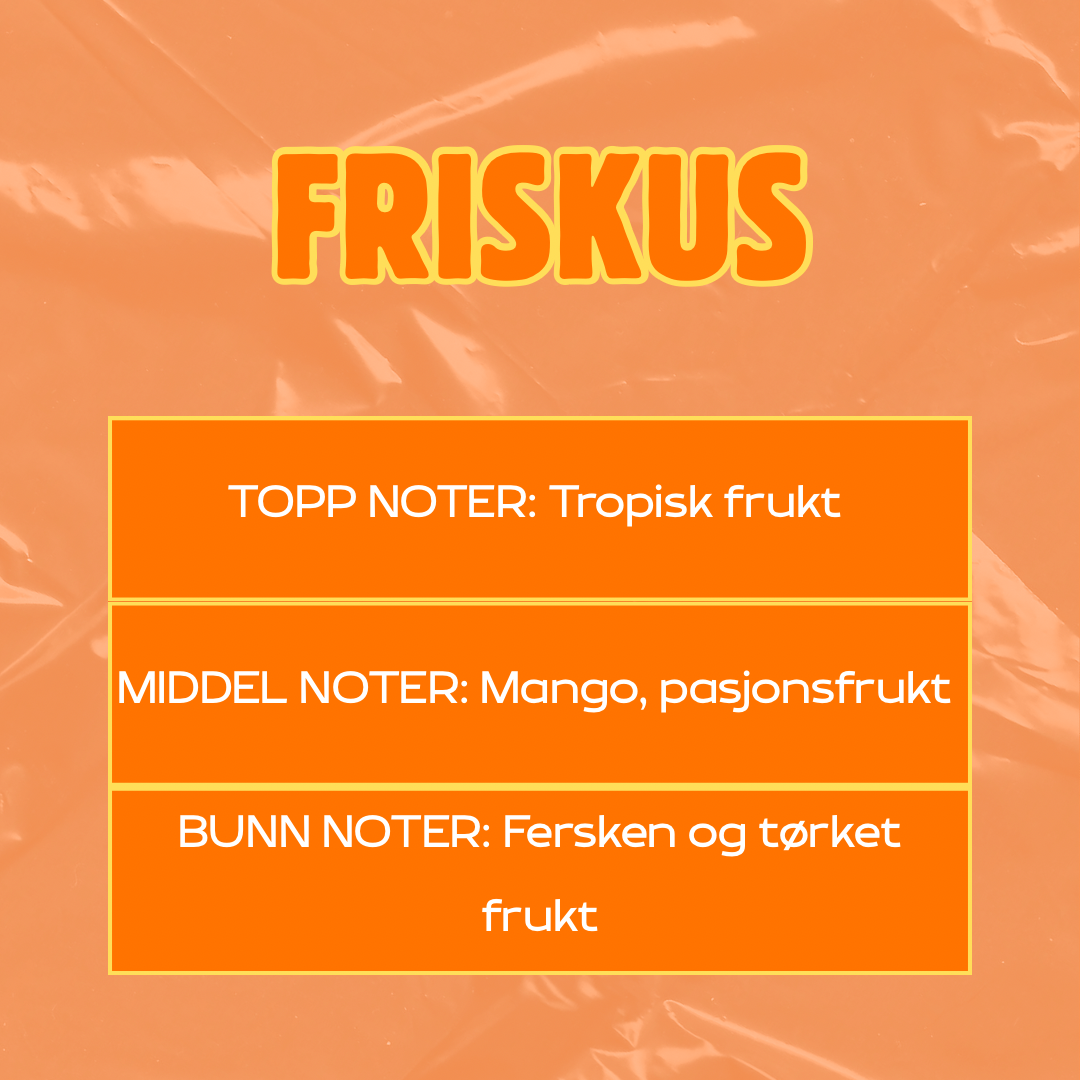 Beskrivelse av duft
Toppnoter: Tropisk frukt
Middelnoter: Mango, pasjonsfrukt
Bunnoter: Fersken og tørket frukt