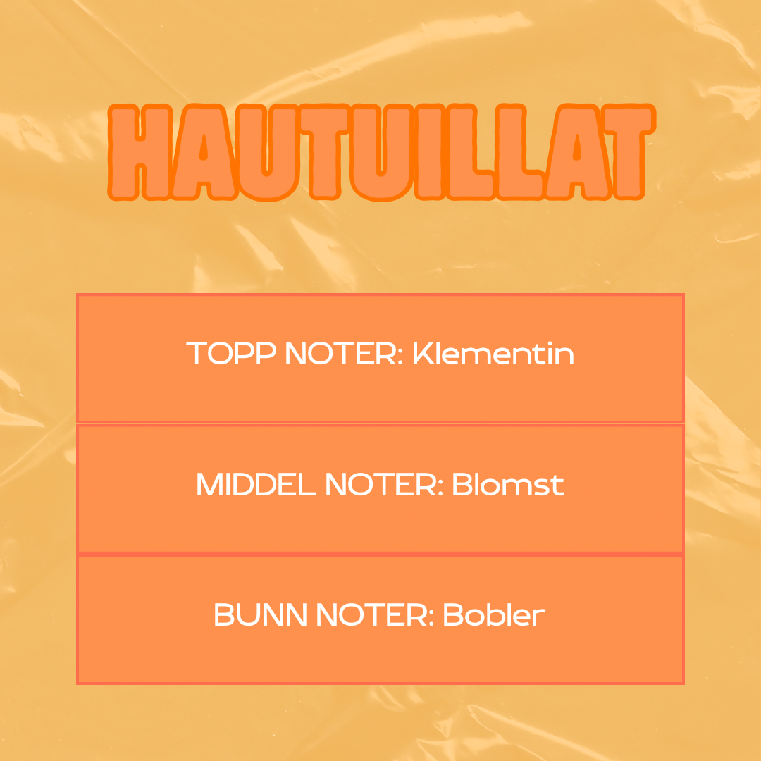 Beskrivelse av duft
Toppnoter: Klementin
Middelnoter: Blomst
Bunnoter: Bobler