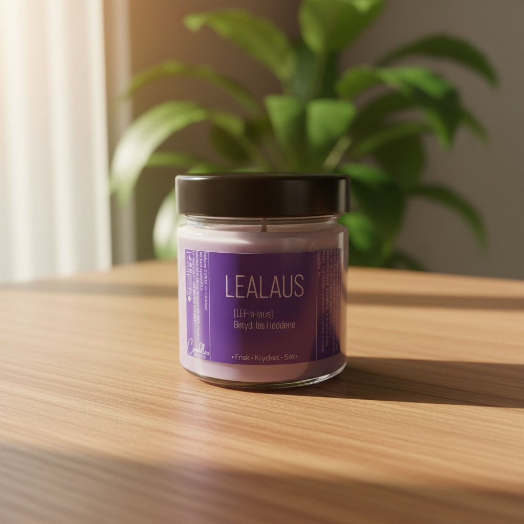 Glass med lokk som inneholder duftlys med duft av sitrus og pepper, milde blomster, vanilje og musk