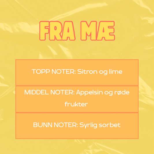 Beskrivelse av duft
Toppnoter: Sitron og lime
Middelnoter: Appelsin og røde frukter
Bunnoter: Syrlig sorbet