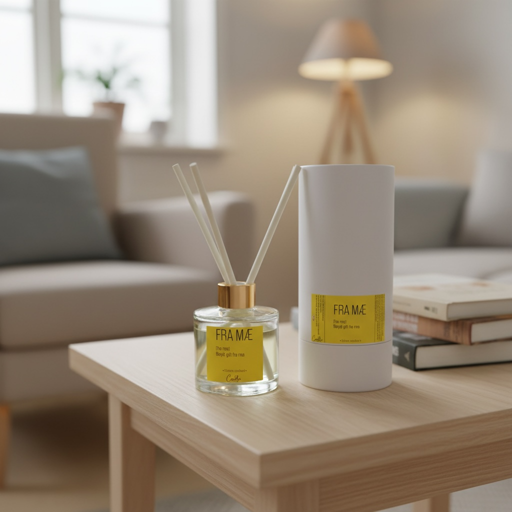 Beholder med duftpinner på bord, emballasje ved siden av