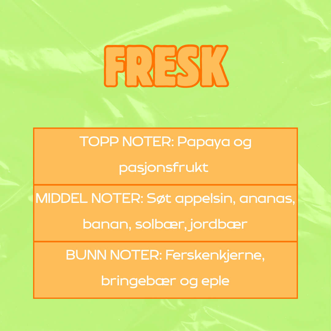 Beskrivelse av duft
Toppnoter: Papaya og pasjonsfrukt
Middelnoter: Søt appelsin, ananas, banan, solbær, jordbær
Bunnoter: Ferskenkjerne, bringebær og eple