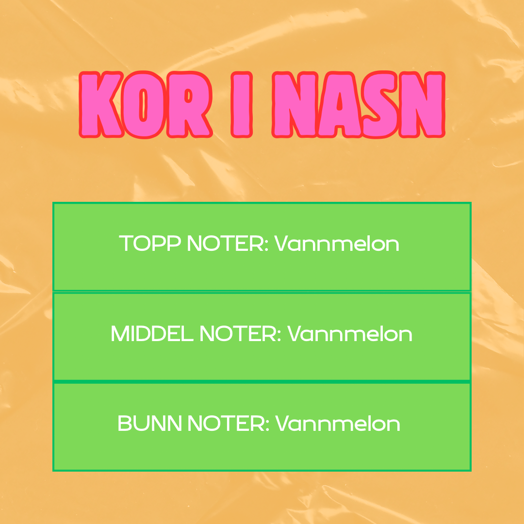 Beskrivelse av duft
Toppnoter: Vannmelon
Middelnoter: Vannmelon
Bunnoter: Vannmelon