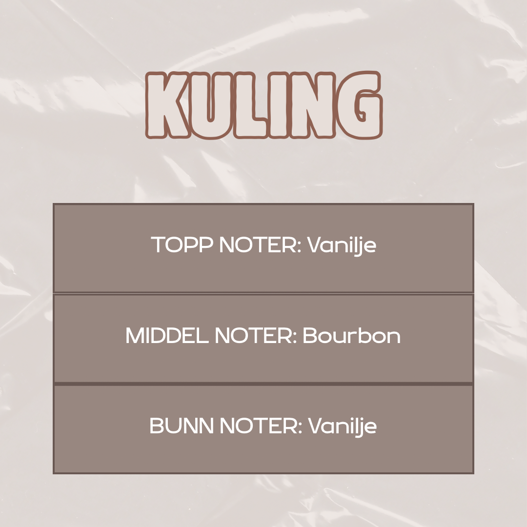 Beskrivelse av duft
Toppnoter: Vanilje
Middelnoter: Bourbon
Bunnoter: Vanilje