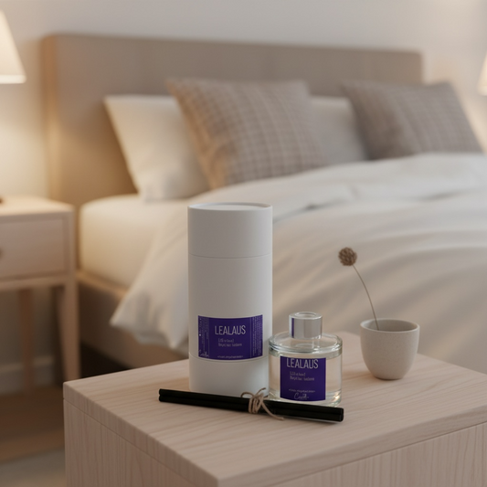 Viser duftpinnebeholder, duftpinner og boksen alt kommer i