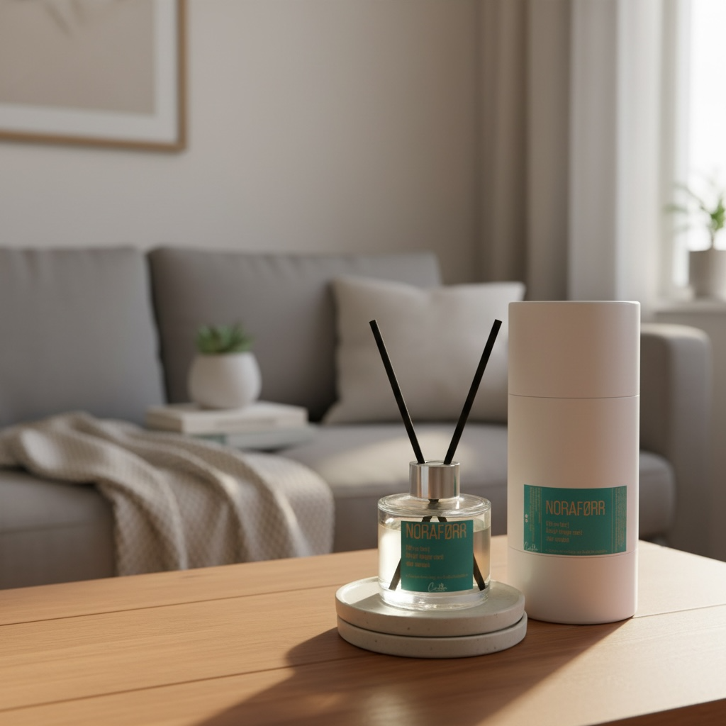 Beholder med duftpinner på bord, emballasje ved siden av