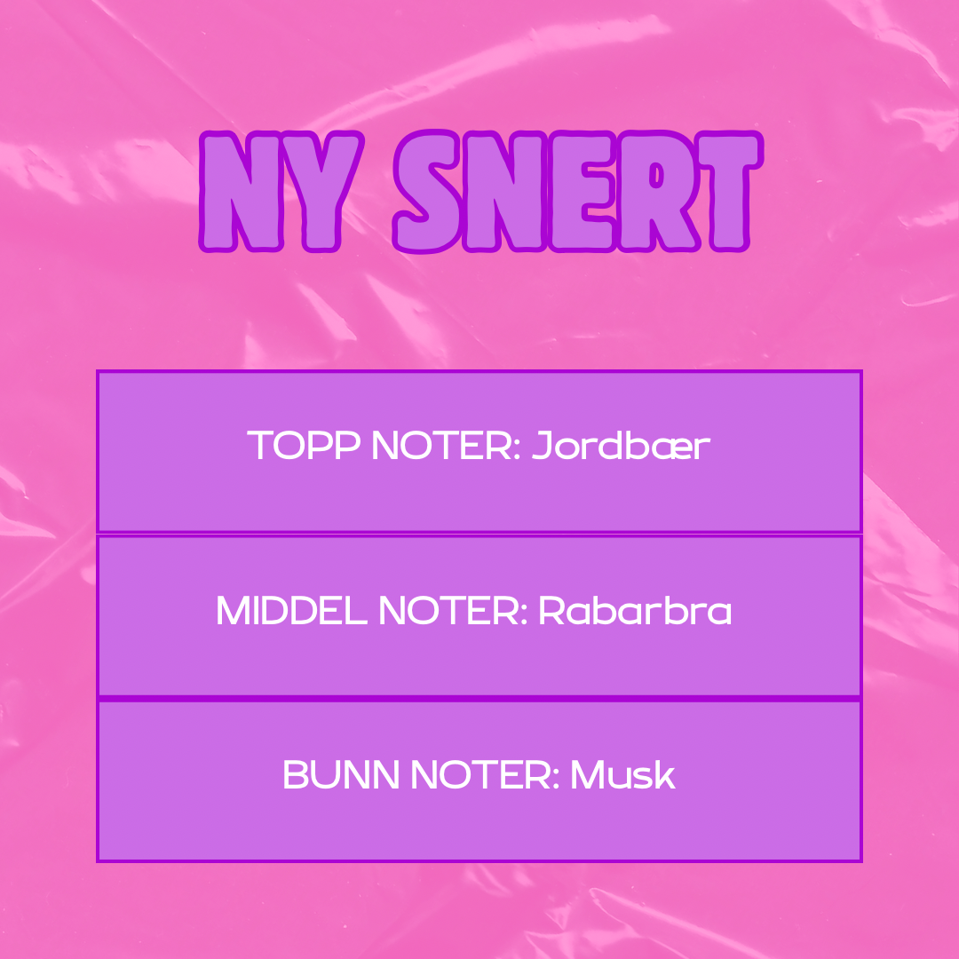 Beskrivelse av duft
Toppnoter: Jordbær
Middelnoter: Rabarbra
Bunnoter: Musk