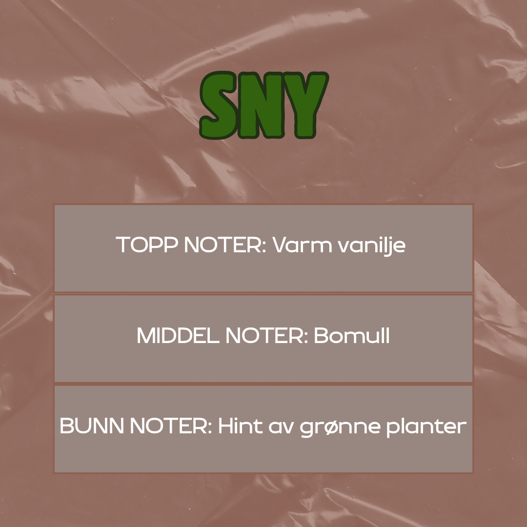 Beskrivelse av duften
Toppnoter: Varm vanilje
Middelnoter: Bomull
Bunnoter: Hint av grønne epler