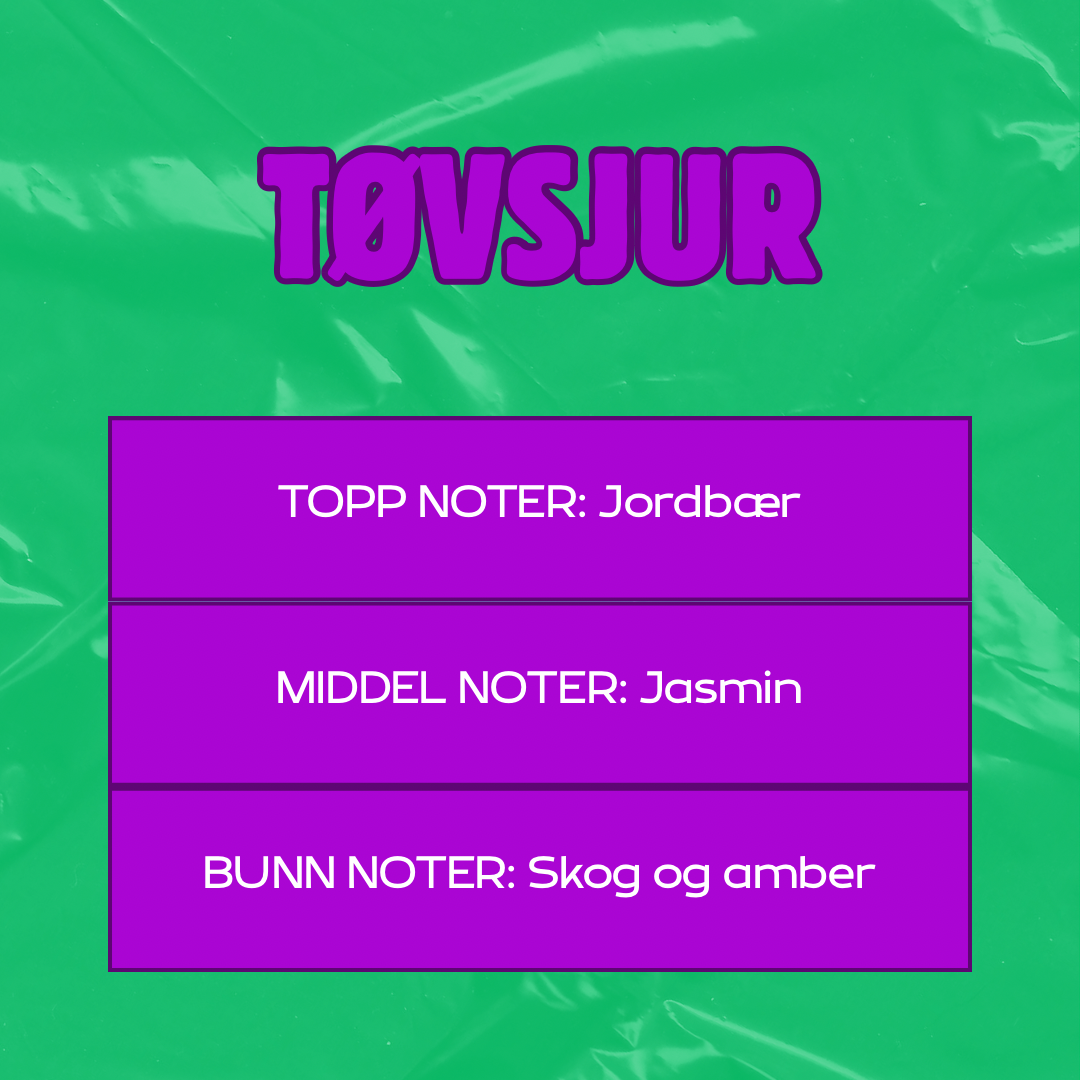 Beskrivelse av duften Tøvsjur
Toppnoter: Jordbær
Middelnoter: Jasmin
Bunnoter: Skog og amber