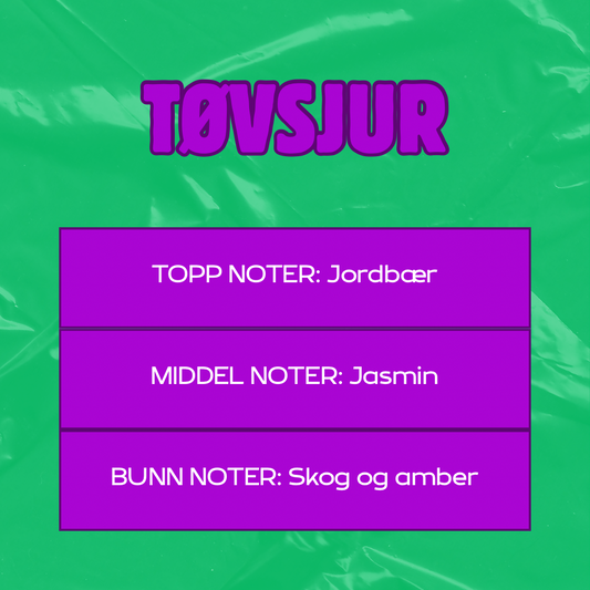 Beskrivelse av duften Tøvsjur
Toppnoter: Jordbær
Middelnoter: Jasmin
Bunnoter: Skog og amber