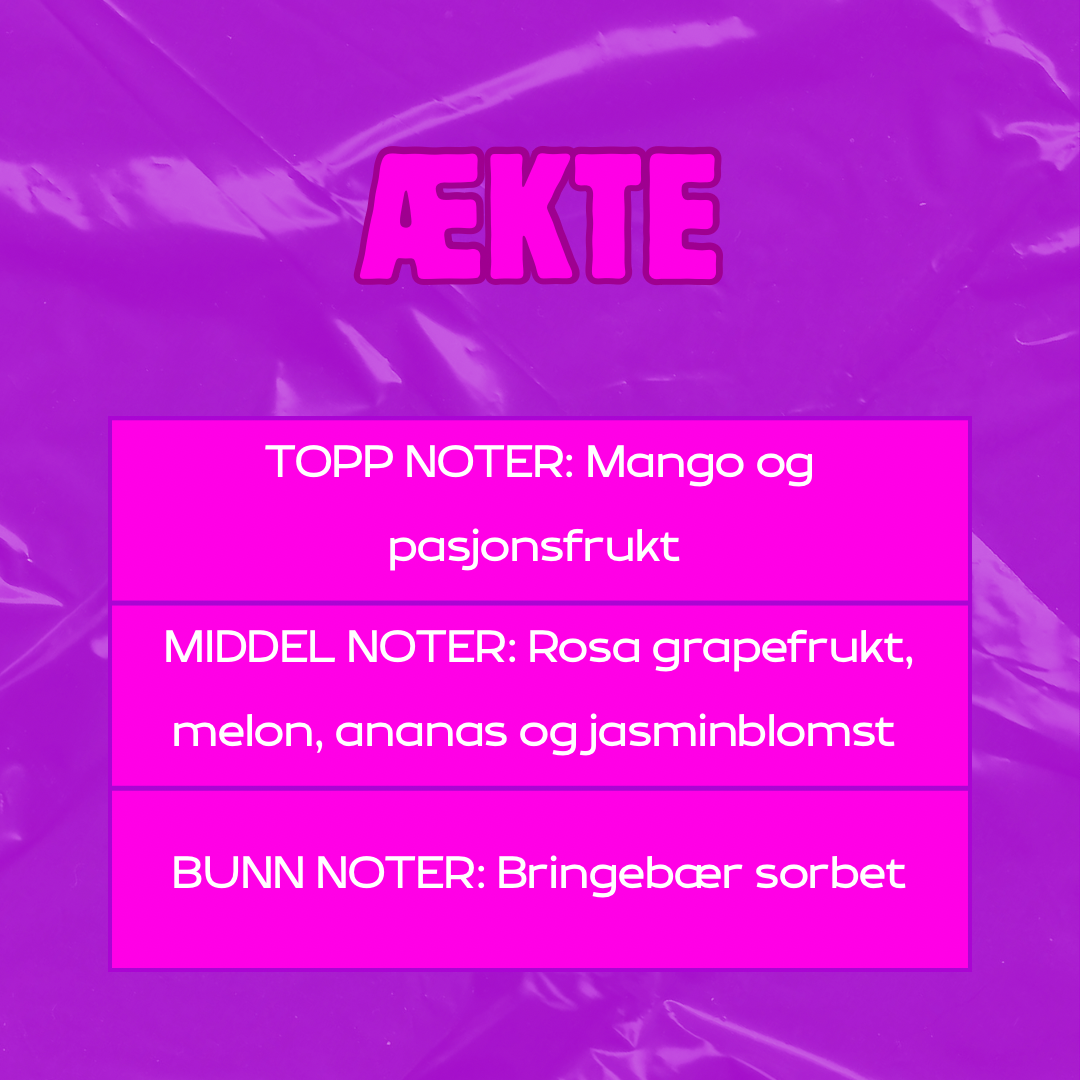 Beskrivelse av duft
Toppnoter: Mango og pasjonsfrukt
Middelnoter: Rosa grapefrukt, melon, ananas og jasminblomst
Bunnoter: Bringebær sorbet